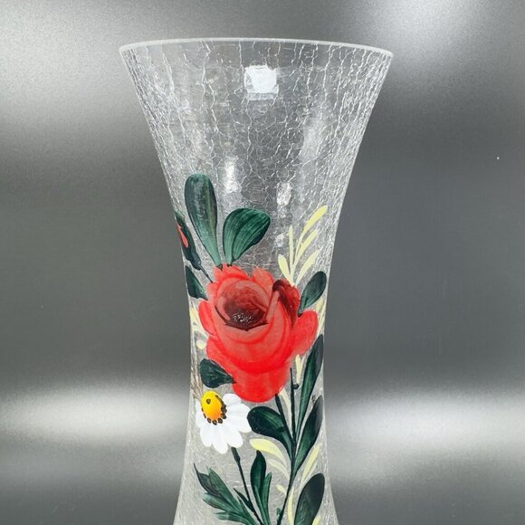 Vintage Tall Art Glass Vase Clear Crackle Glass Vessel Vase With Floral Pattern - Picture 2 of 14